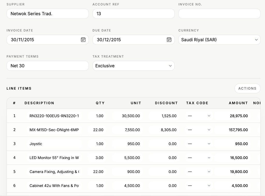 ClearPayable invoice detail page showing extracted form fields and line items